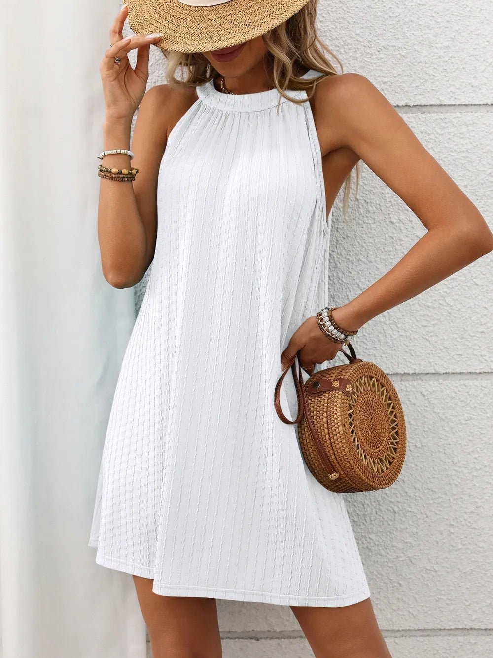 Textured Grecian Neck Mini Dress - Lookzlike