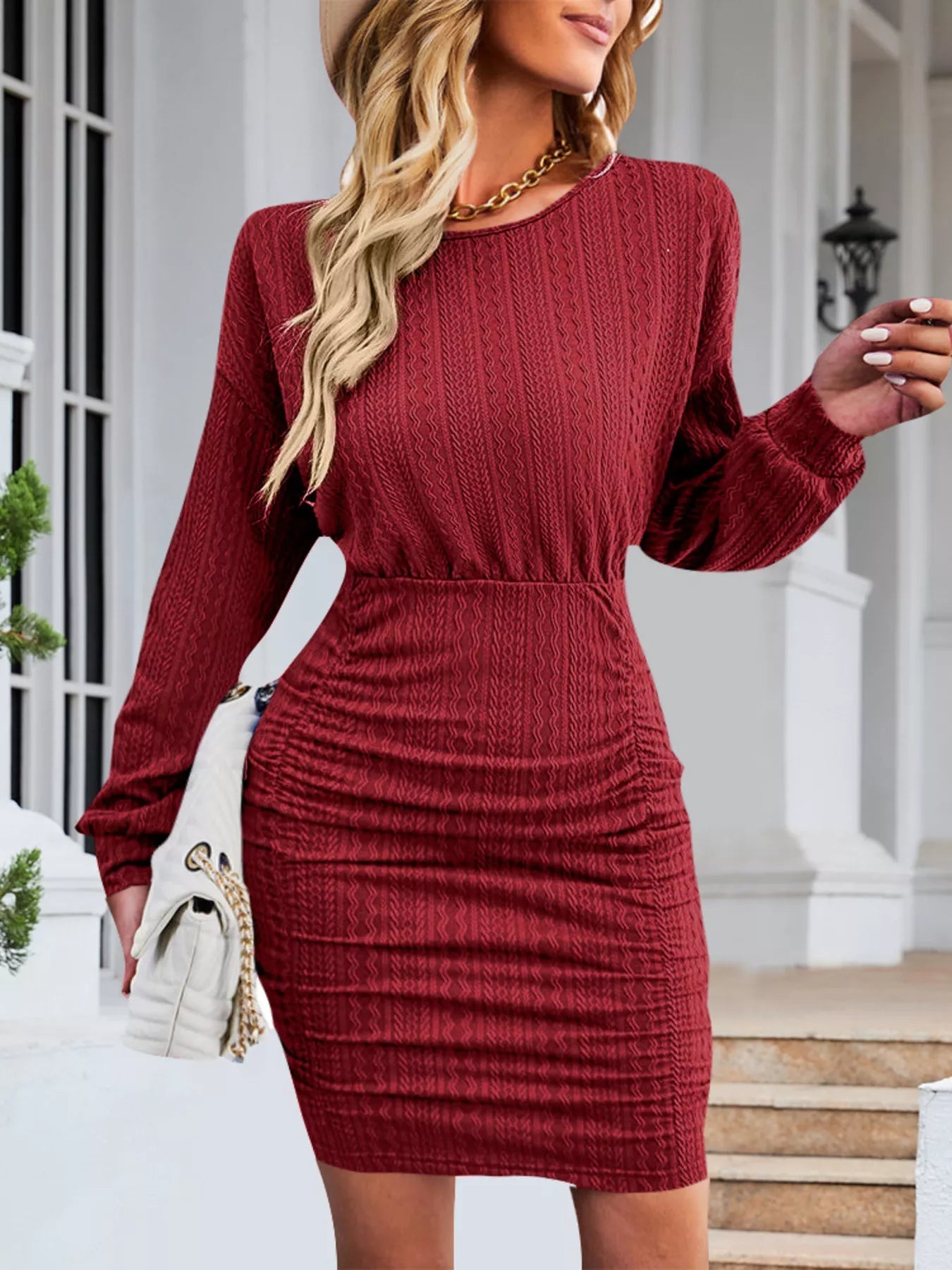 Textured Knit Bodycon Mini Dress designed for comfort and style at Lookzlike