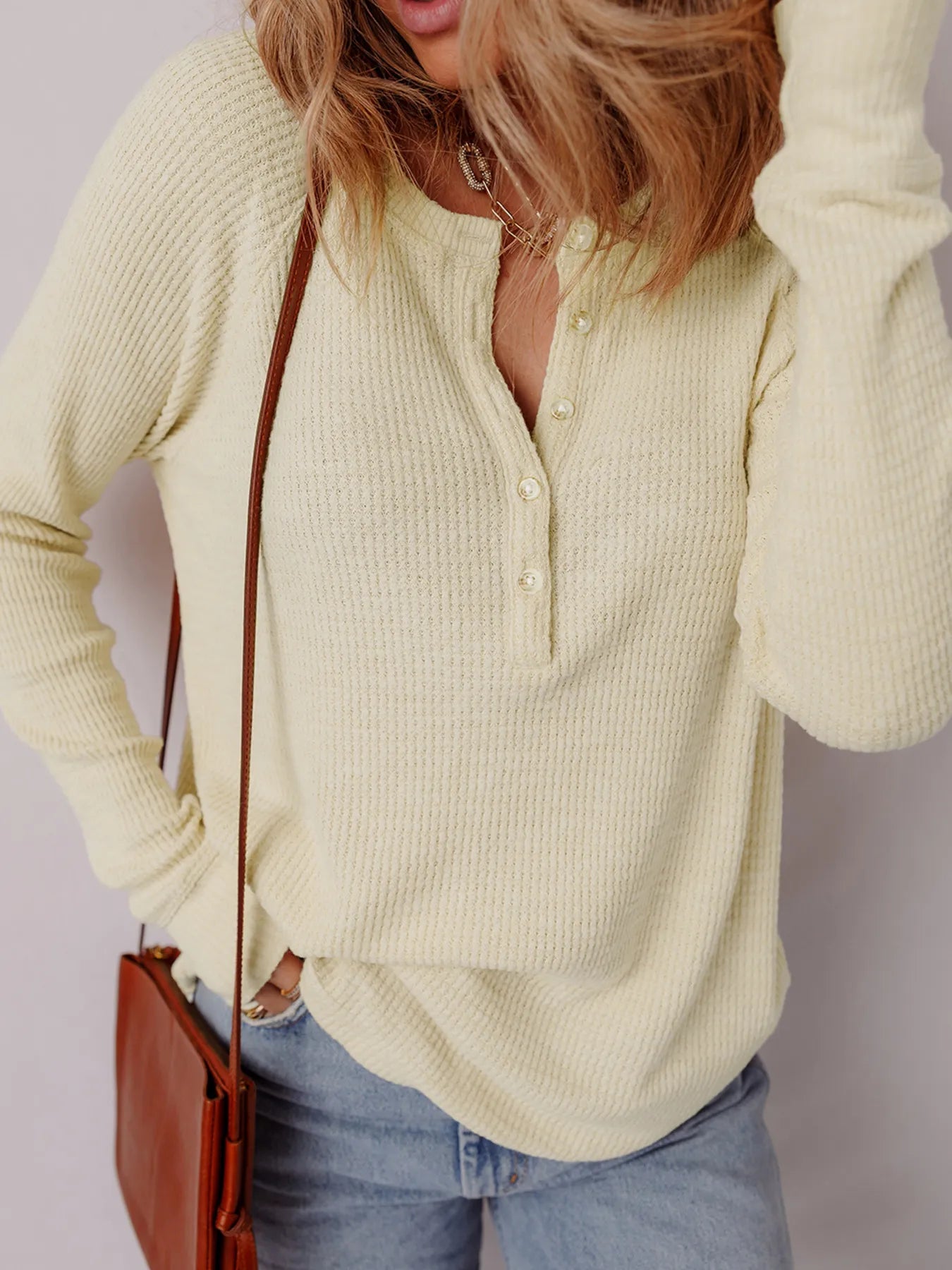 Textured Knit Half Buttons Henley Top - Lookzlike