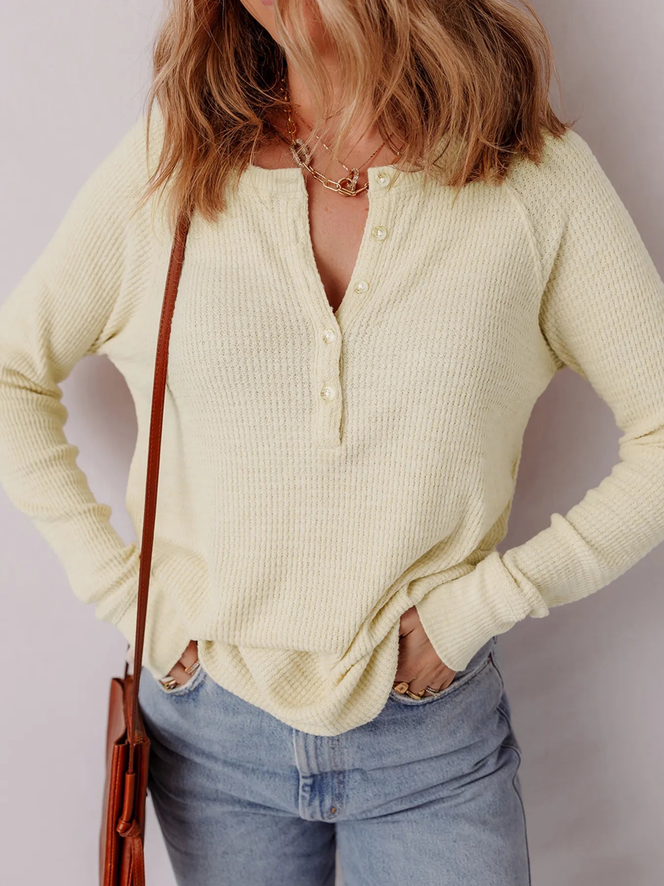 Textured Knit Half Buttons Henley Top - Lookzlike