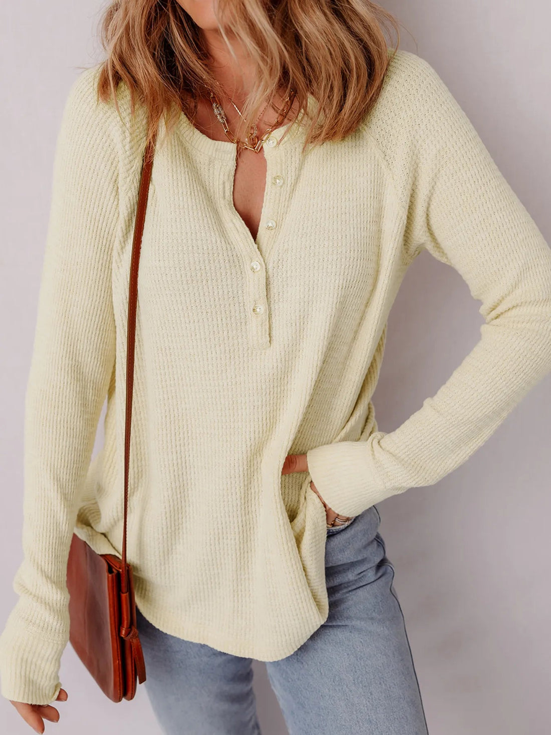 Textured Knit Half Buttons Henley Top - Lookzlike