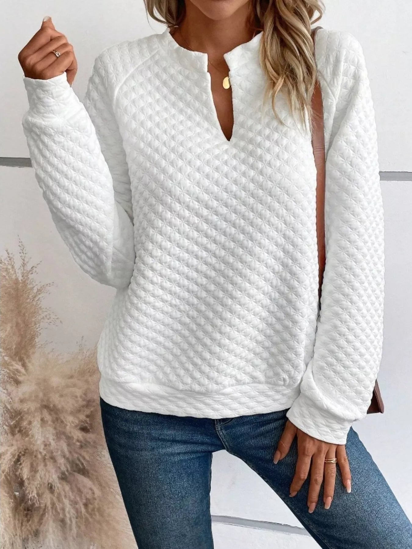 Textured Long Sleeve Notched Sweatshirt designed for comfort and style at Lookzlike