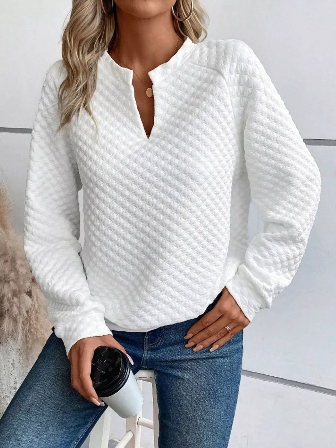Textured Long Sleeve Notched Sweatshirt designed for comfort and style at Lookzlike