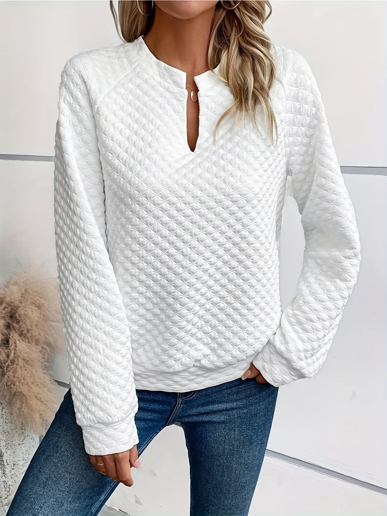 Textured Long Sleeve Notched Sweatshirt designed for comfort and style at Lookzlike
