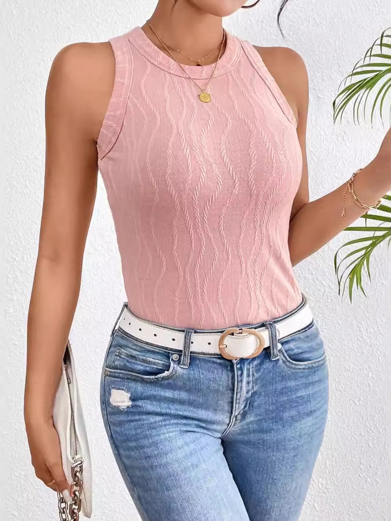 Textured Round Neck Tank Top - Lookzlike