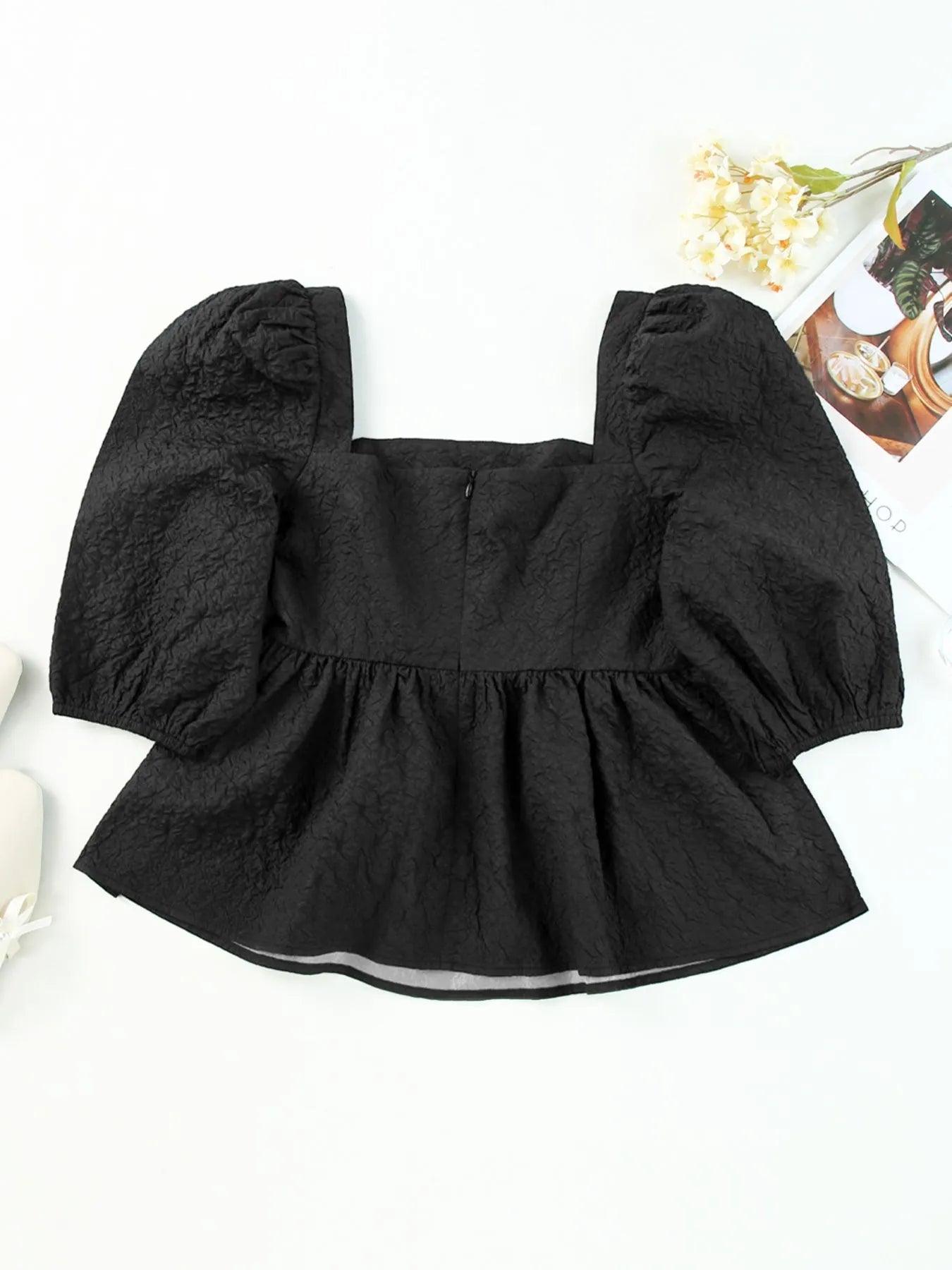 Textured Square Neck Puff Sleeve Peplum Blouse - Lookzlike