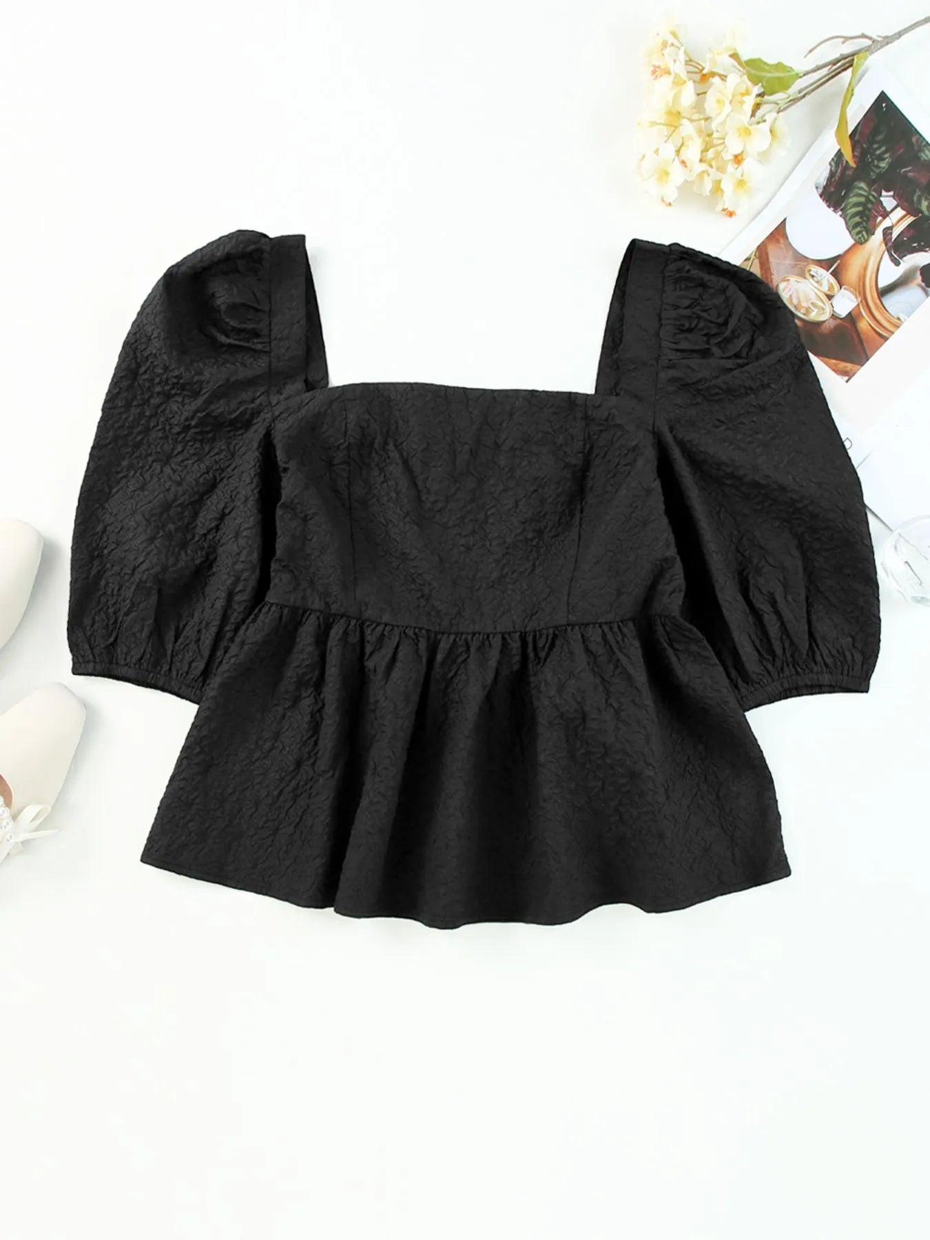 Textured Square Neck Puff Sleeve Peplum Blouse - Lookzlike