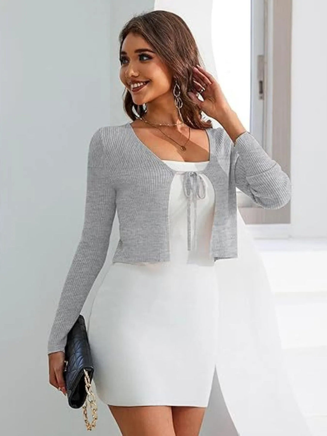 Tie - Front Long Sleeve Cardigan designed for comfort and style at Lookzlike