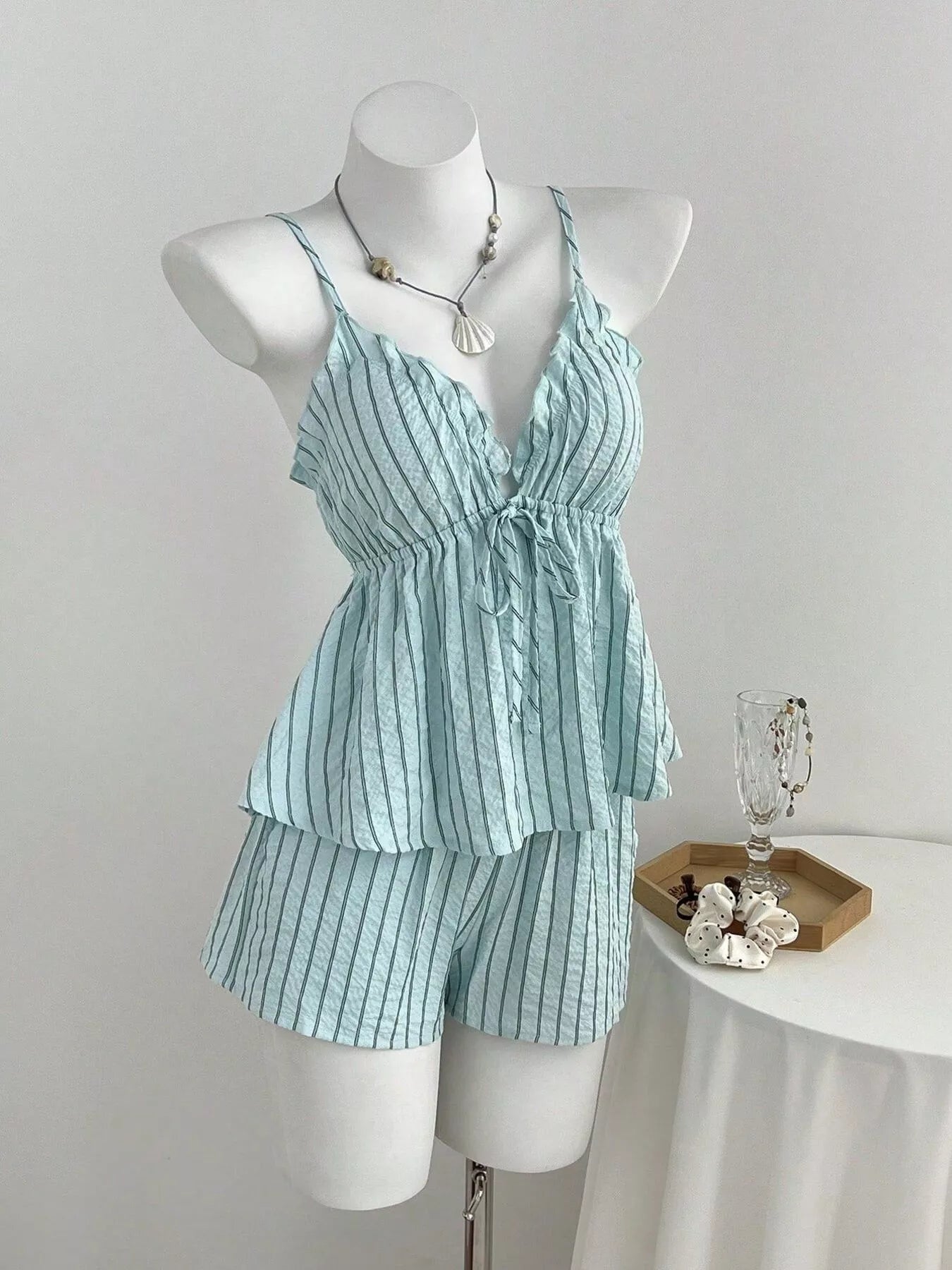 Tie Front Striped Cami and Shorts Set designed for comfort and style at Lookzlike