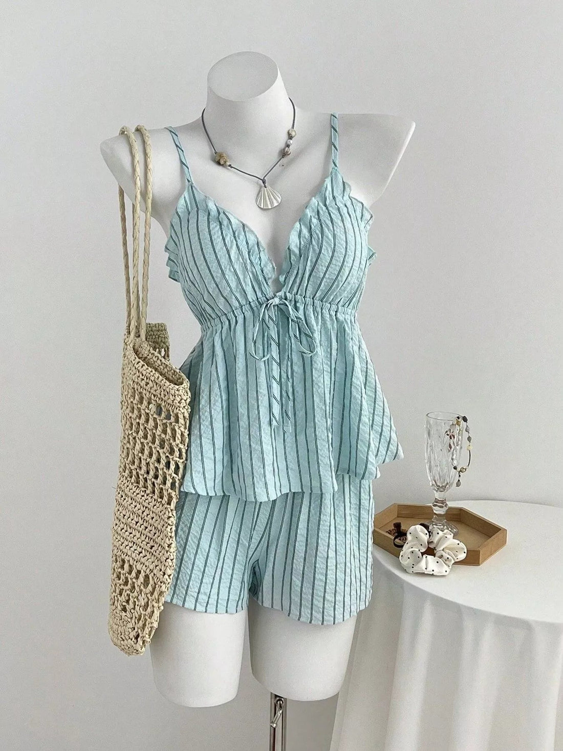 Tie Front Striped Cami and Shorts Set designed for comfort and style at Lookzlike