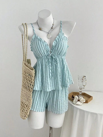 Tie Front Striped Cami and Shorts Set designed for comfort and style at Lookzlike