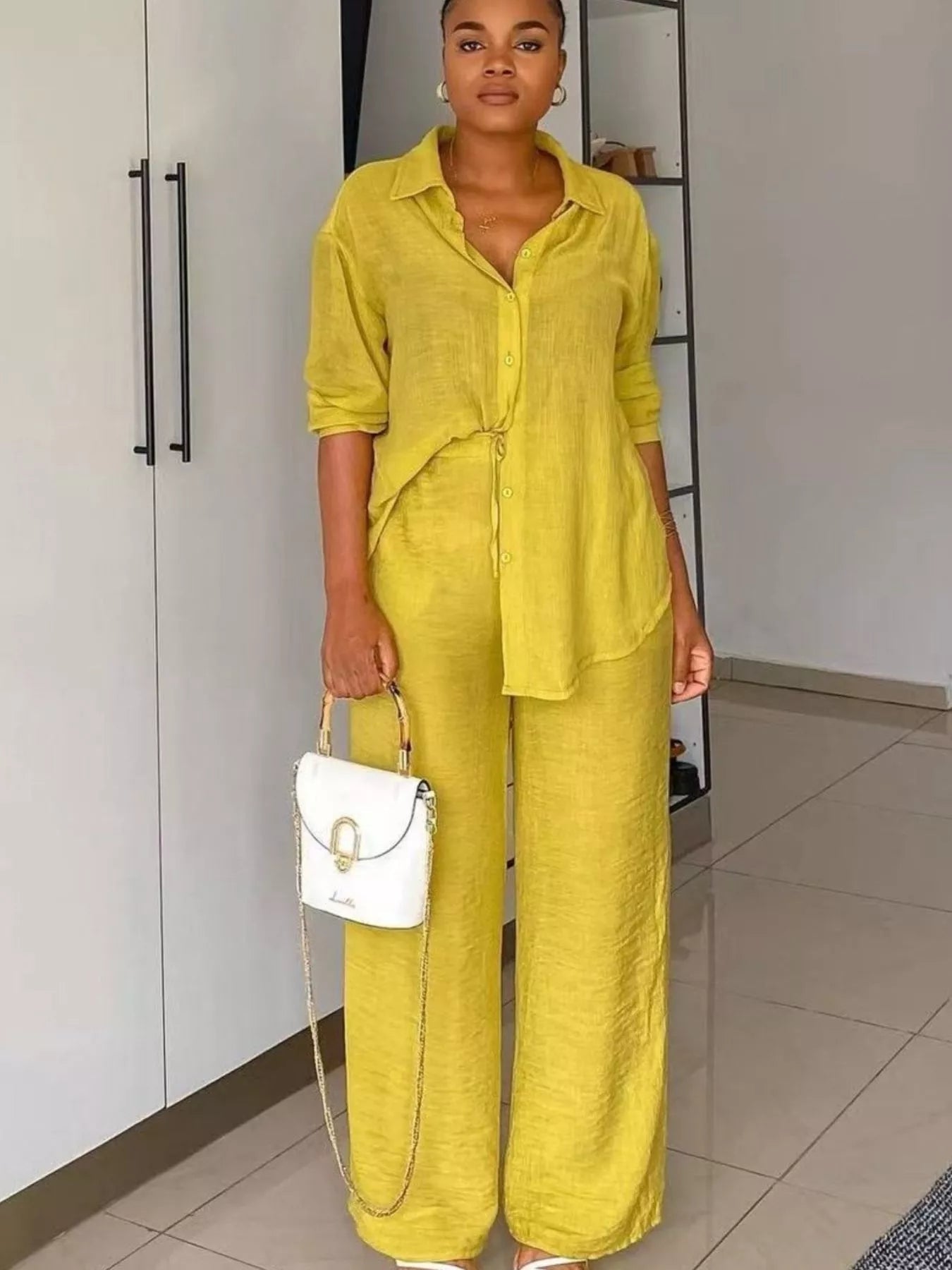 Tie-Front Top and Wide Leg Pants Set designed for comfort and style at Lookzlike