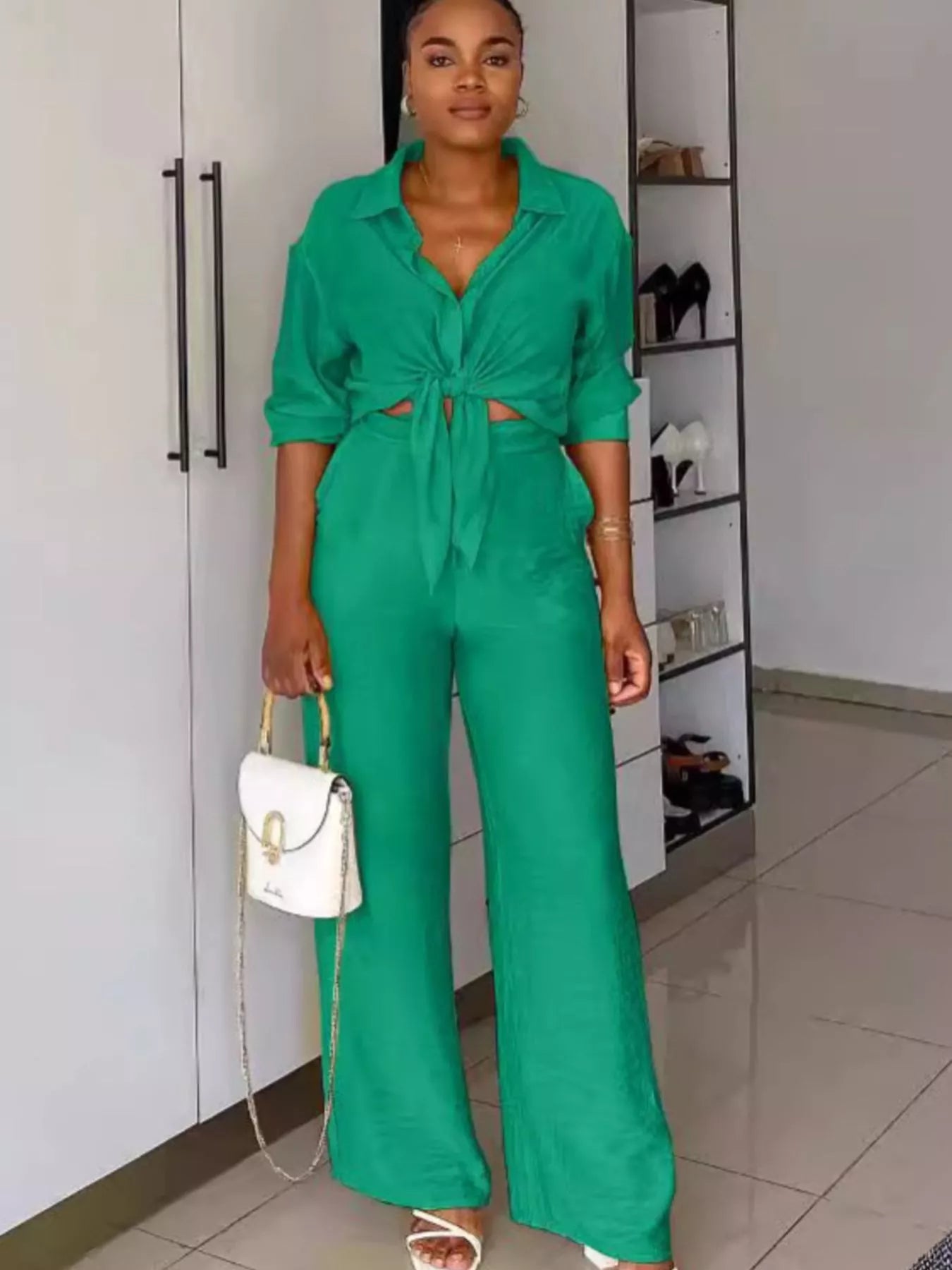 Tie-Front Top and Wide Leg Pants Set designed for comfort and style at Lookzlike