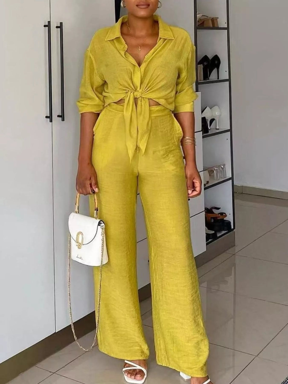 Tie-Front Top and Wide Leg Pants Set designed for comfort and style at Lookzlike