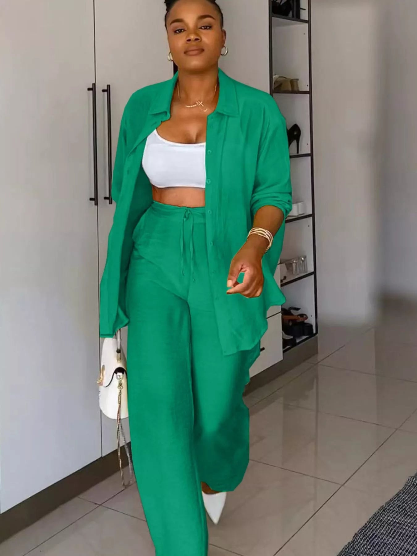 Tie-Front Top and Wide Leg Pants Set designed for comfort and style at Lookzlike