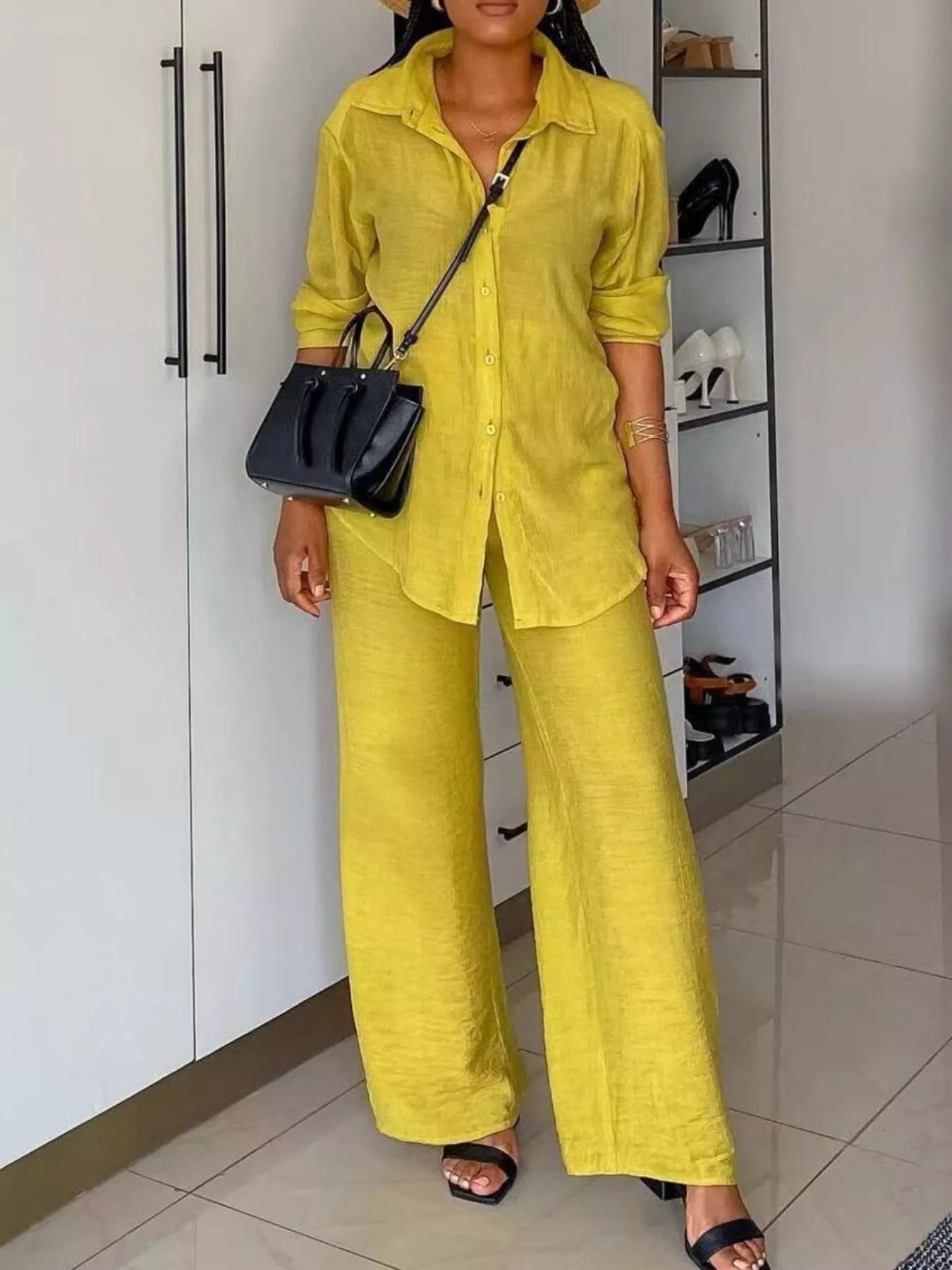 Tie-Front Top and Wide Leg Pants Set designed for comfort and style at Lookzlike