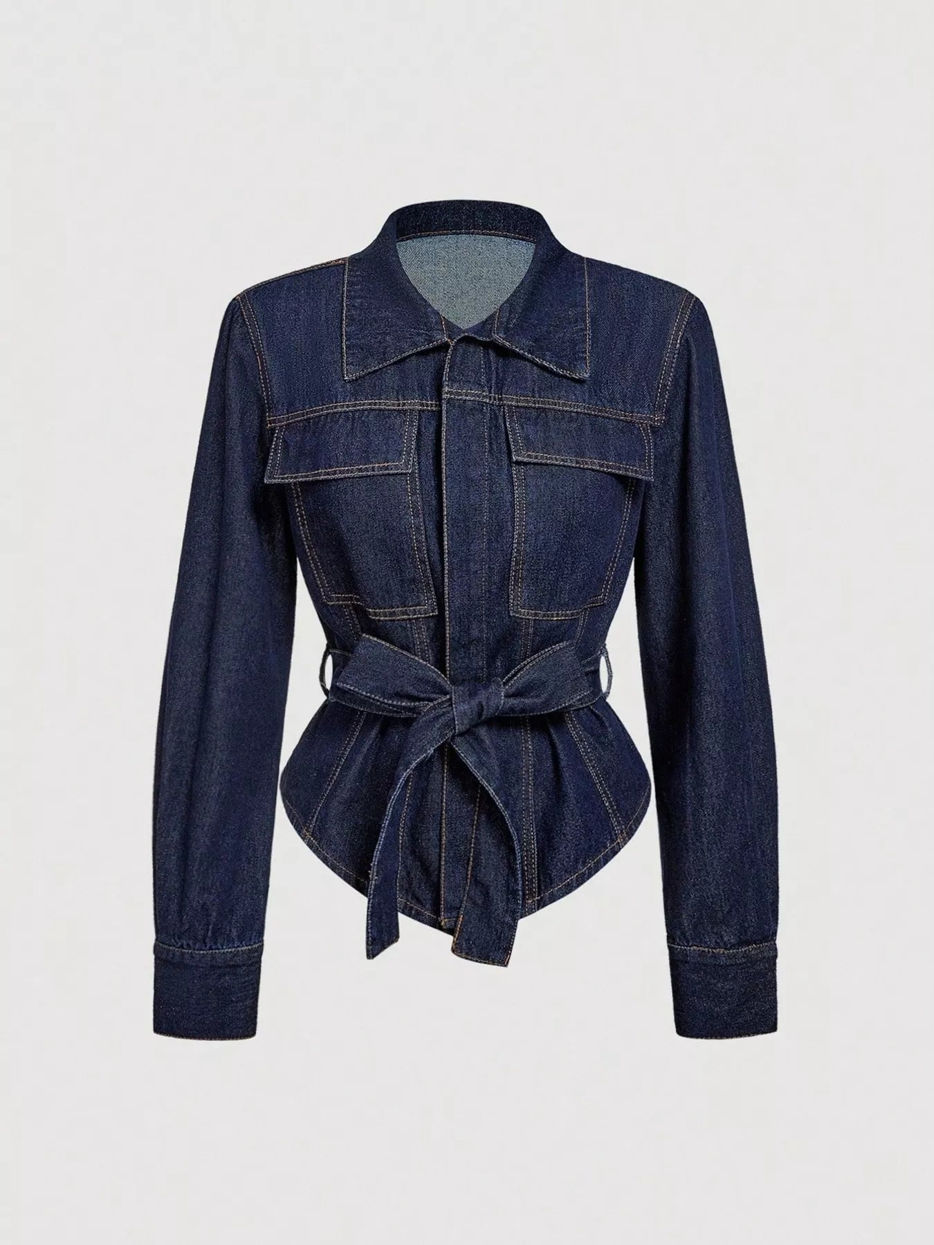 Tie Waist Long Sleeve Denim Jacket designed for comfort and style at Lookzlike