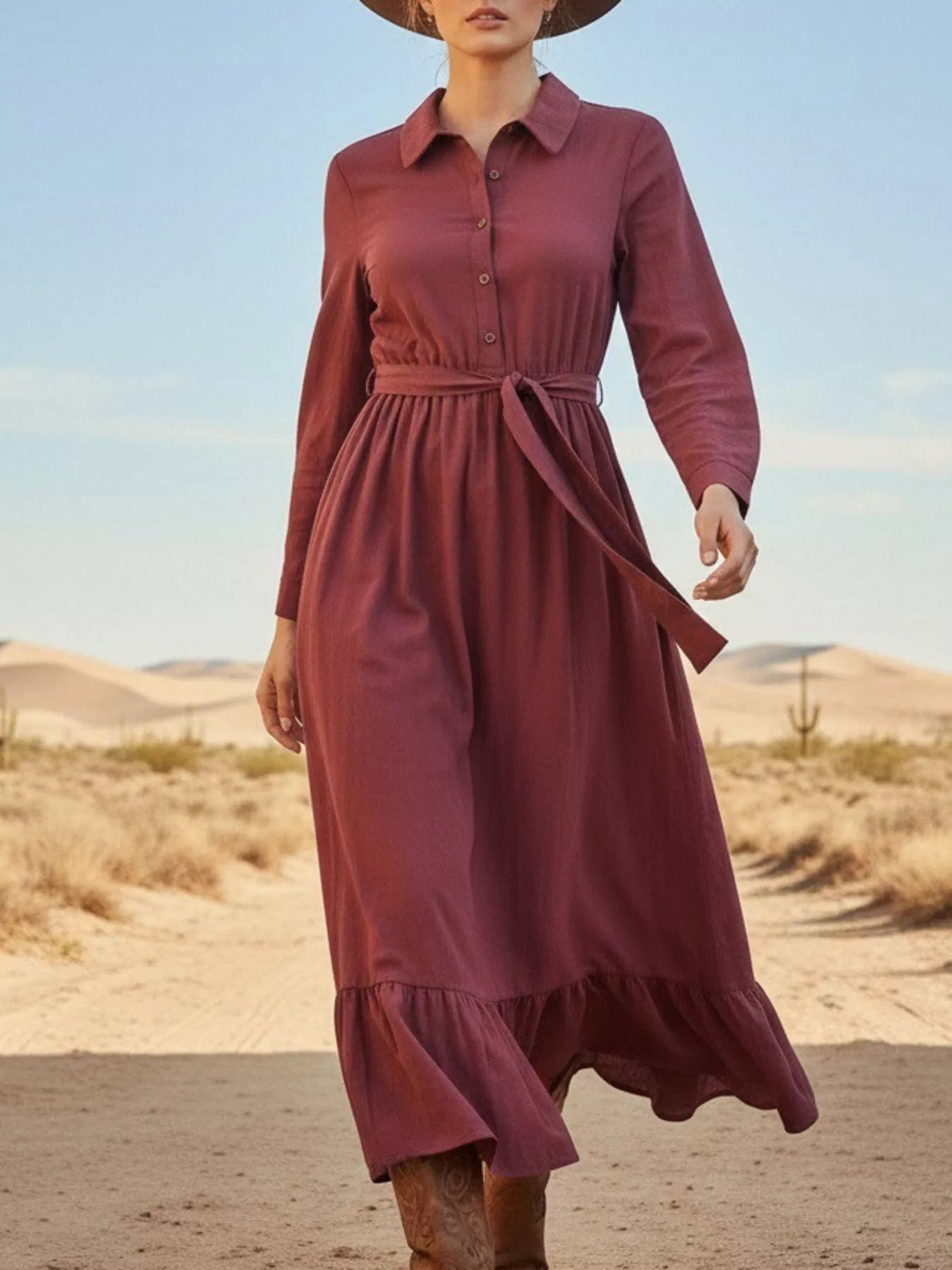 Tie Waist Long Sleeve Ruffled Hem Dress designed for comfort and style at Lookzlike