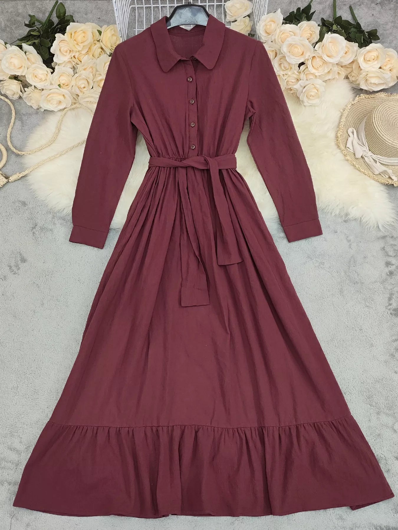 Tie Waist Long Sleeve Ruffled Hem Dress designed for comfort and style at Lookzlike