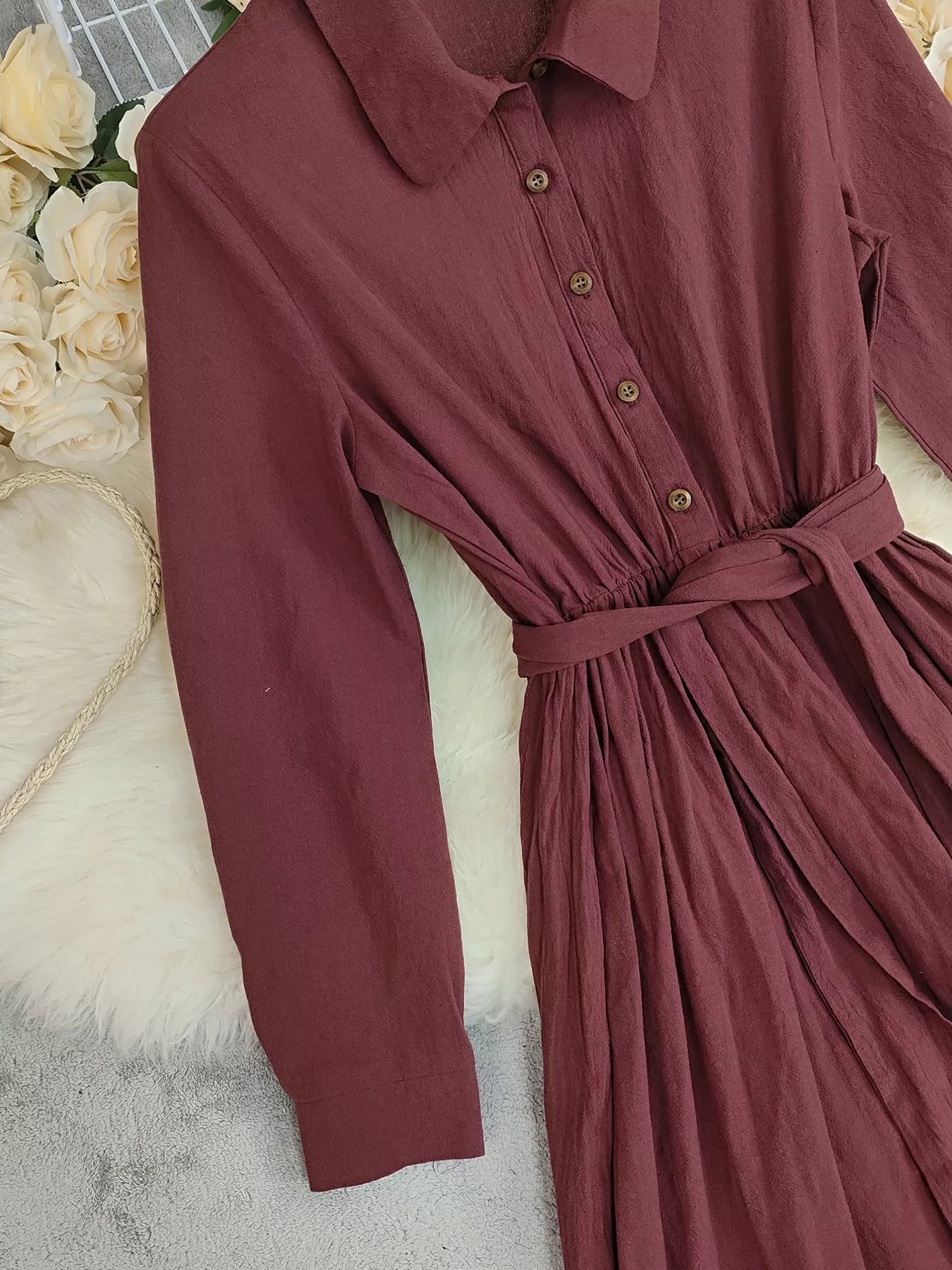 Tie Waist Long Sleeve Ruffled Hem Dress designed for comfort and style at Lookzlike