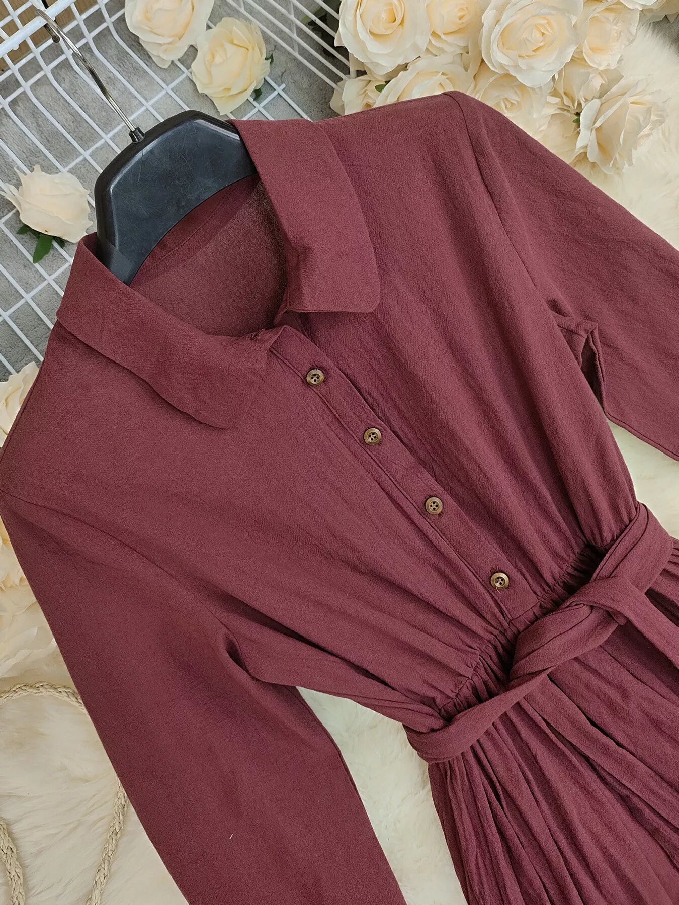 Tie Waist Long Sleeve Ruffled Hem Dress designed for comfort and style at Lookzlike