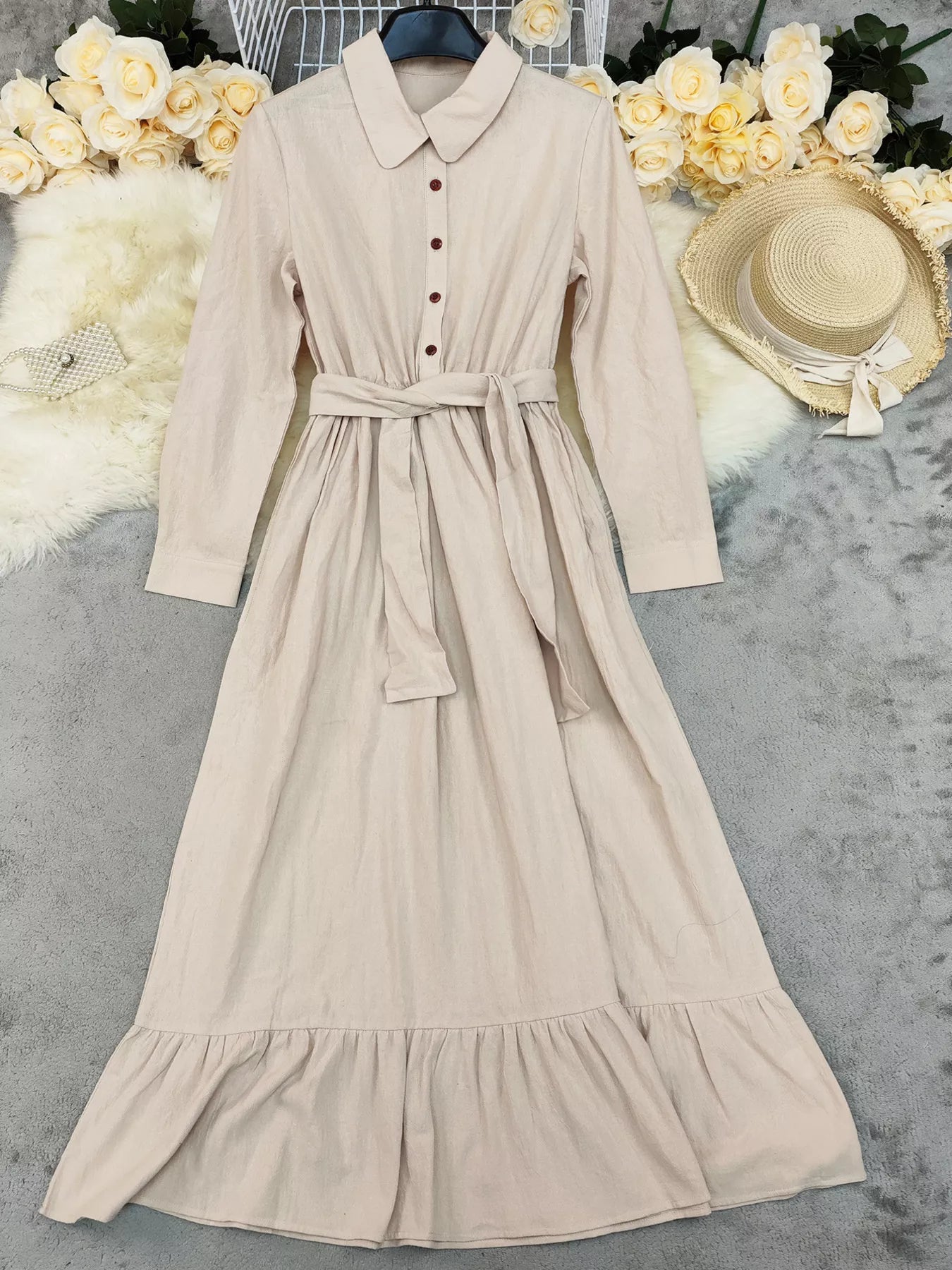 Tie Waist Long Sleeve Ruffled Hem Dress designed for comfort and style at Lookzlike