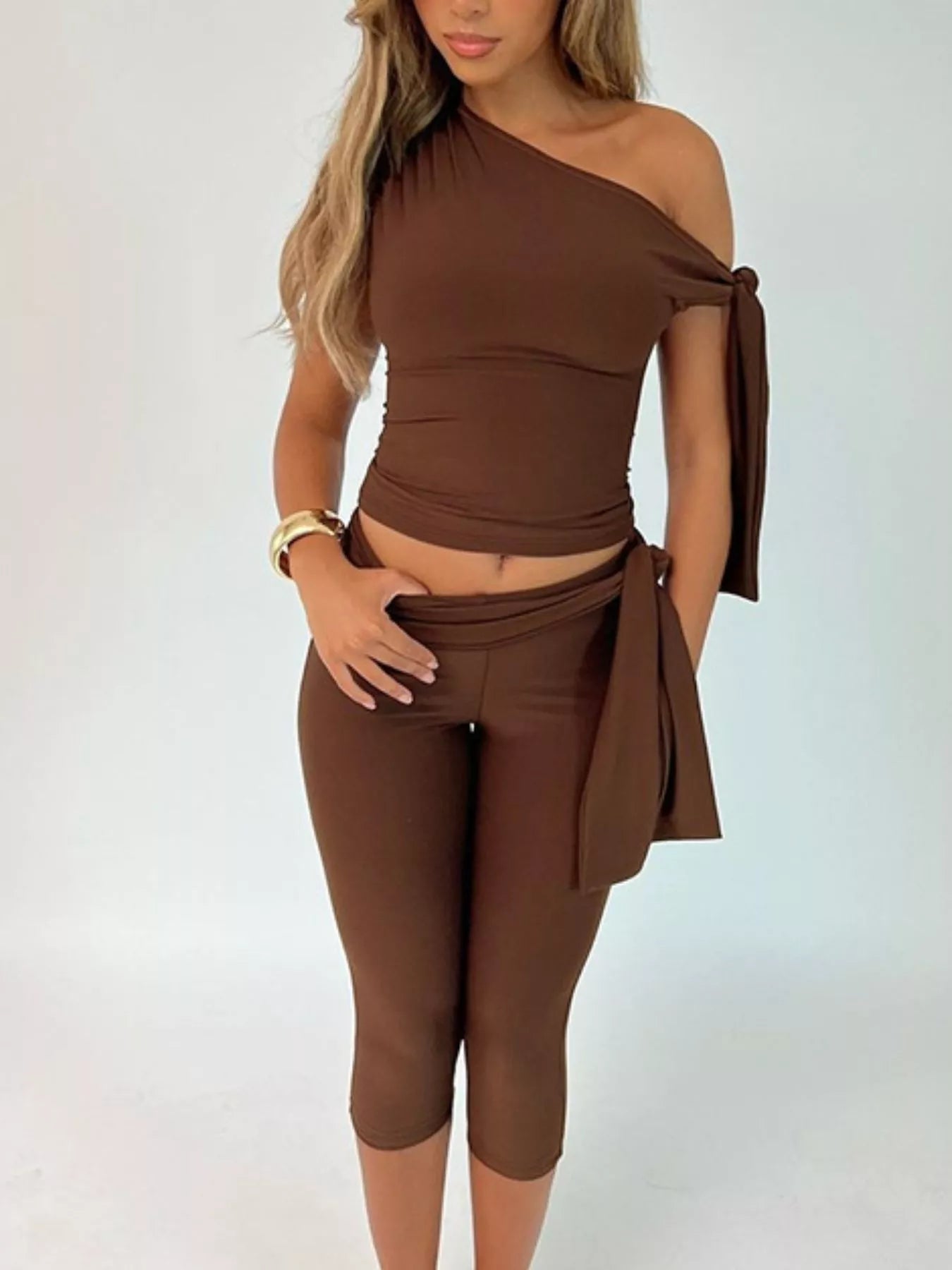 Tied One Shoulder Top and Capris Set designed for comfort and style at Lookzlike