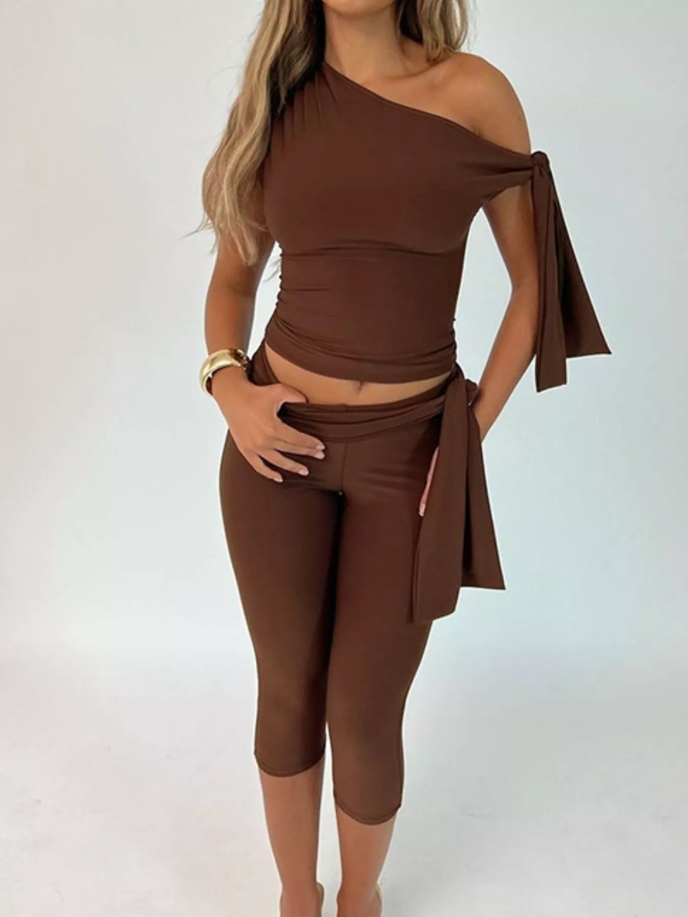 Tied One Shoulder Top and Capris Set designed for comfort and style at Lookzlike