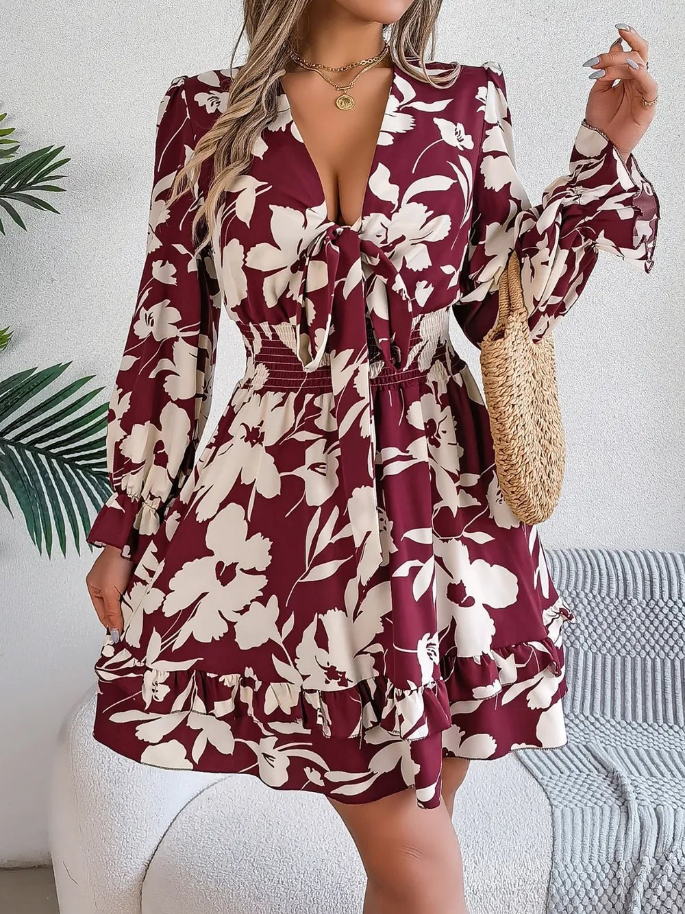 Tied Ruffled Printed Long Sleeve Dress - Lookzlike