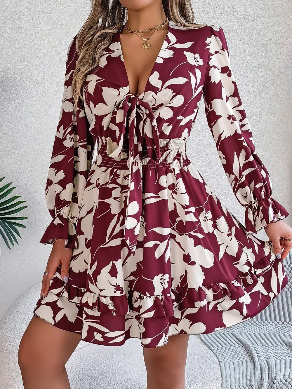 Tied Ruffled Printed Long Sleeve Dress - Lookzlike