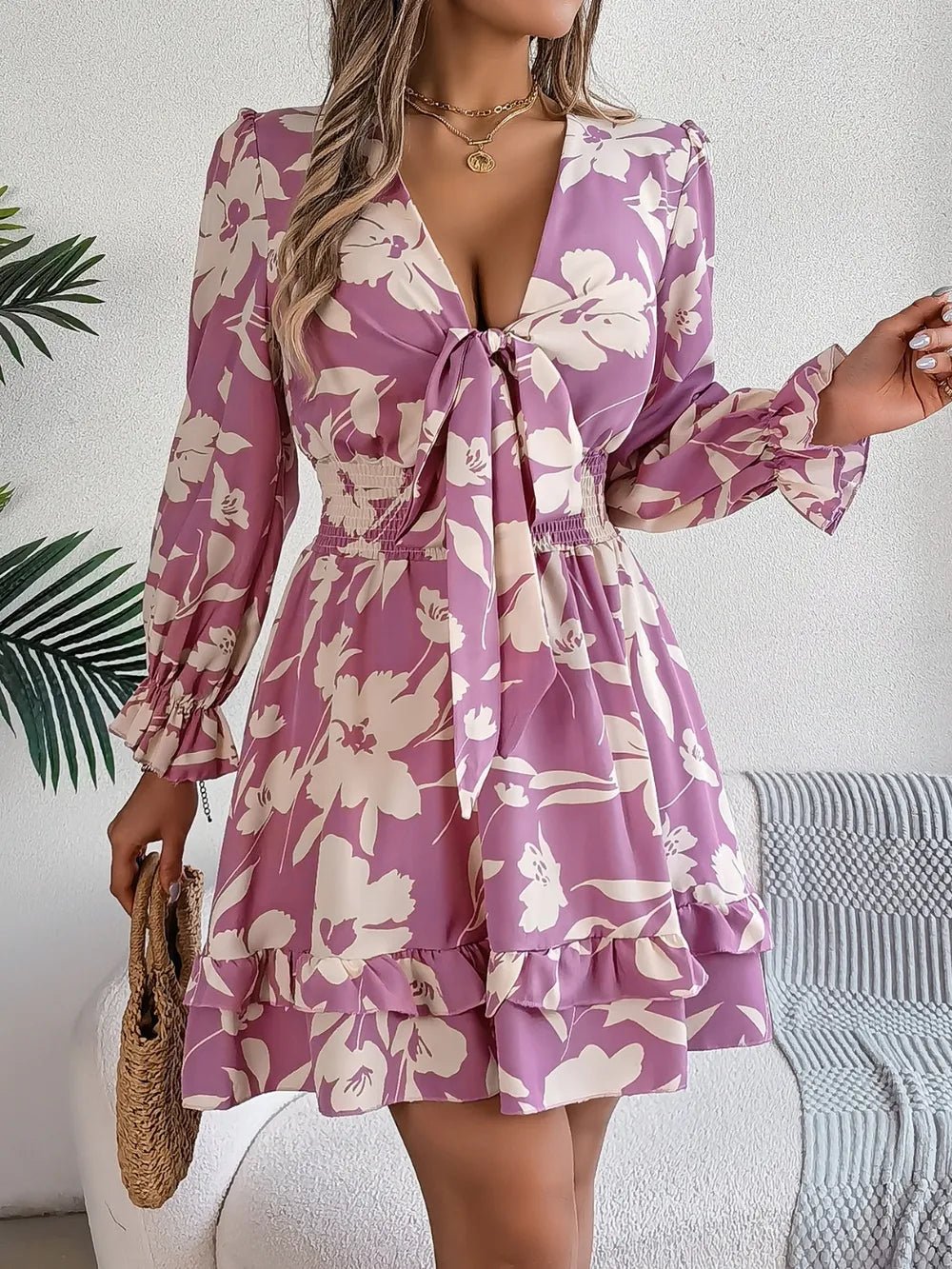 Tied Ruffled Printed Long Sleeve Dress - Lookzlike