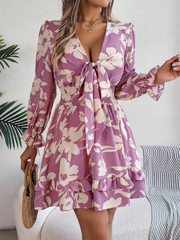 Tied Ruffled Printed Long Sleeve Dress - Lookzlike