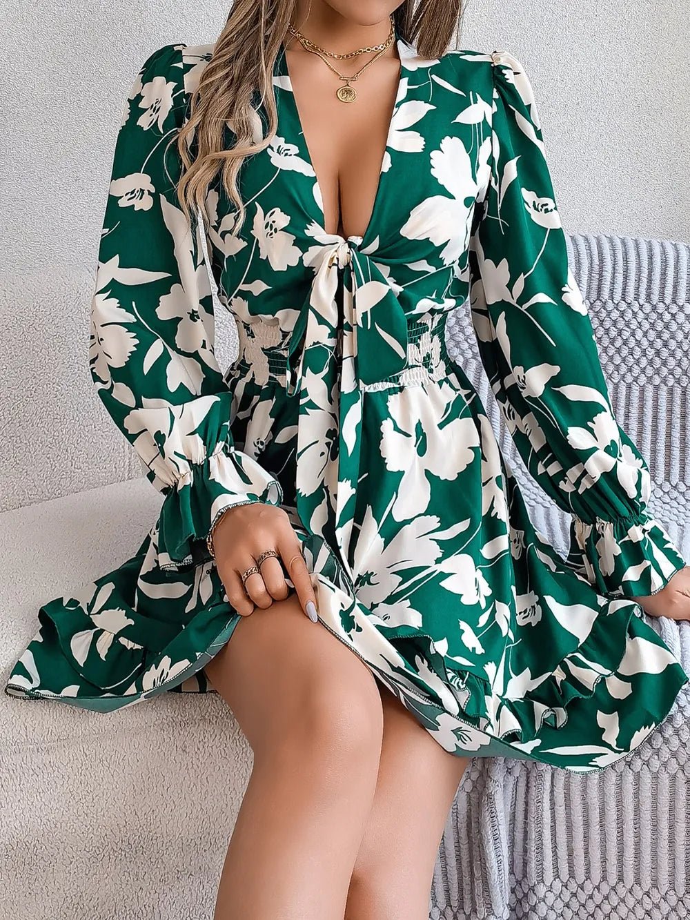 Tied Ruffled Printed Long Sleeve Dress - Lookzlike