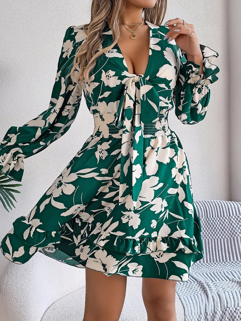 Tied Ruffled Printed Long Sleeve Dress - Lookzlike