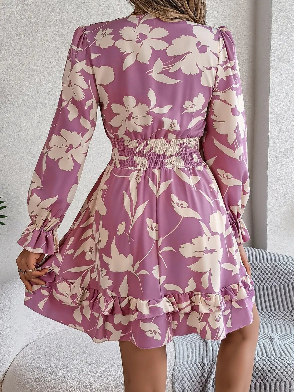 Tied Ruffled Printed Long Sleeve Dress - Lookzlike