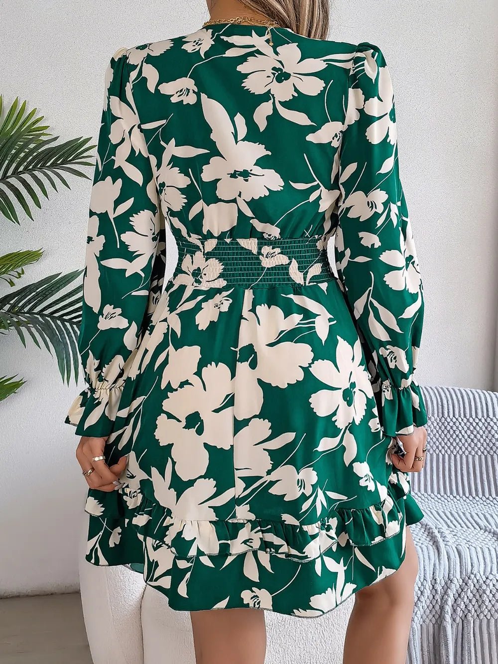 Tied Ruffled Printed Long Sleeve Dress - Lookzlike