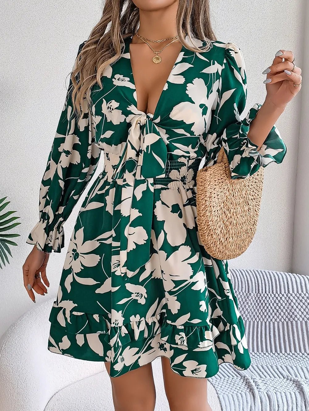 Tied Ruffled Printed Long Sleeve Dress - Lookzlike
