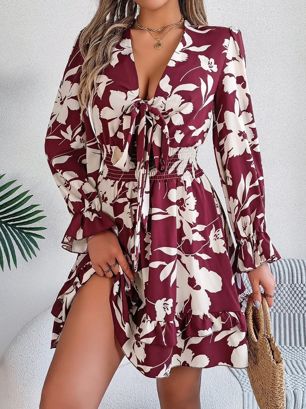 Tied Ruffled Printed Long Sleeve Dress - Lookzlike