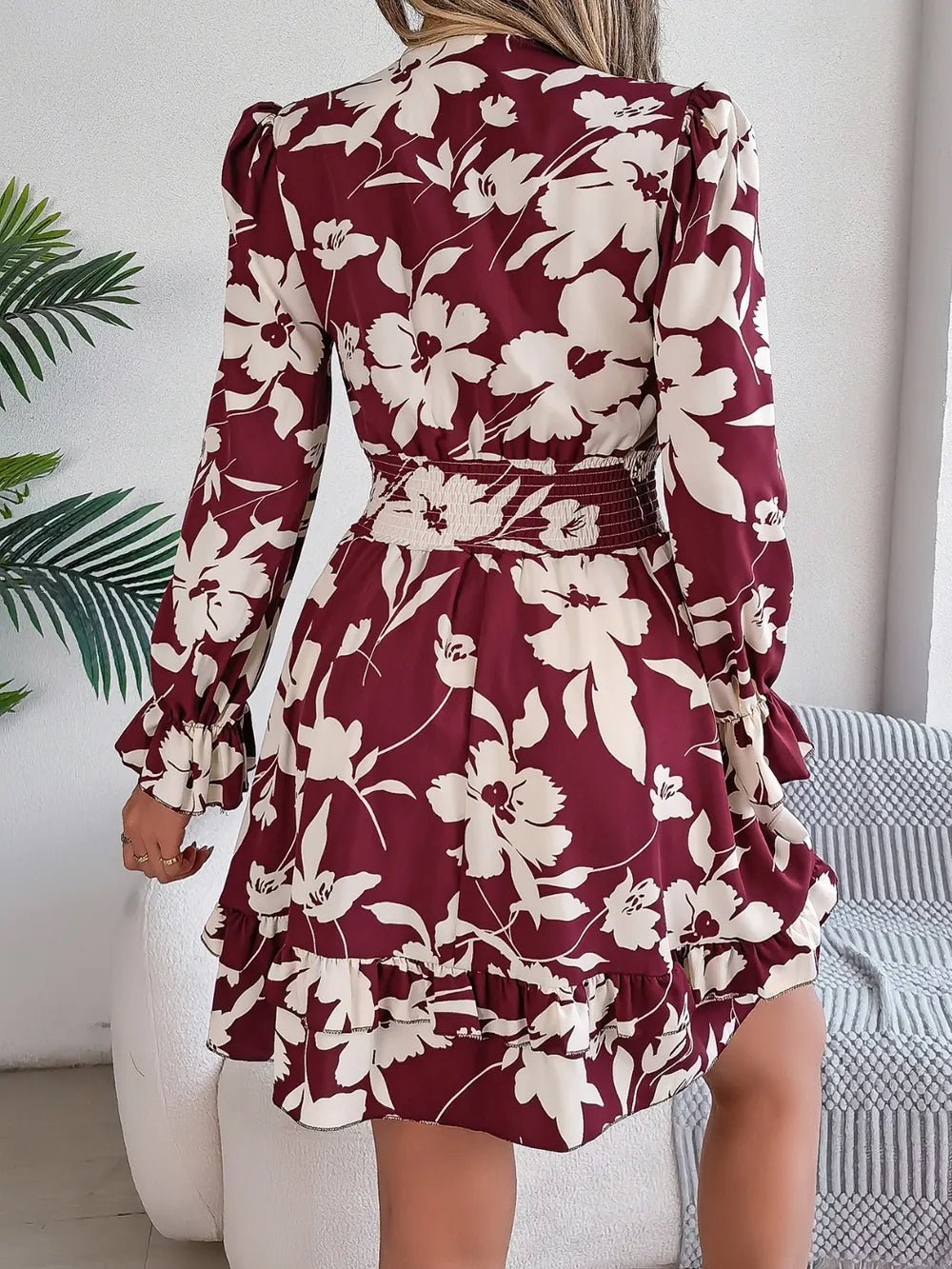 Tied Ruffled Printed Long Sleeve Dress - Lookzlike