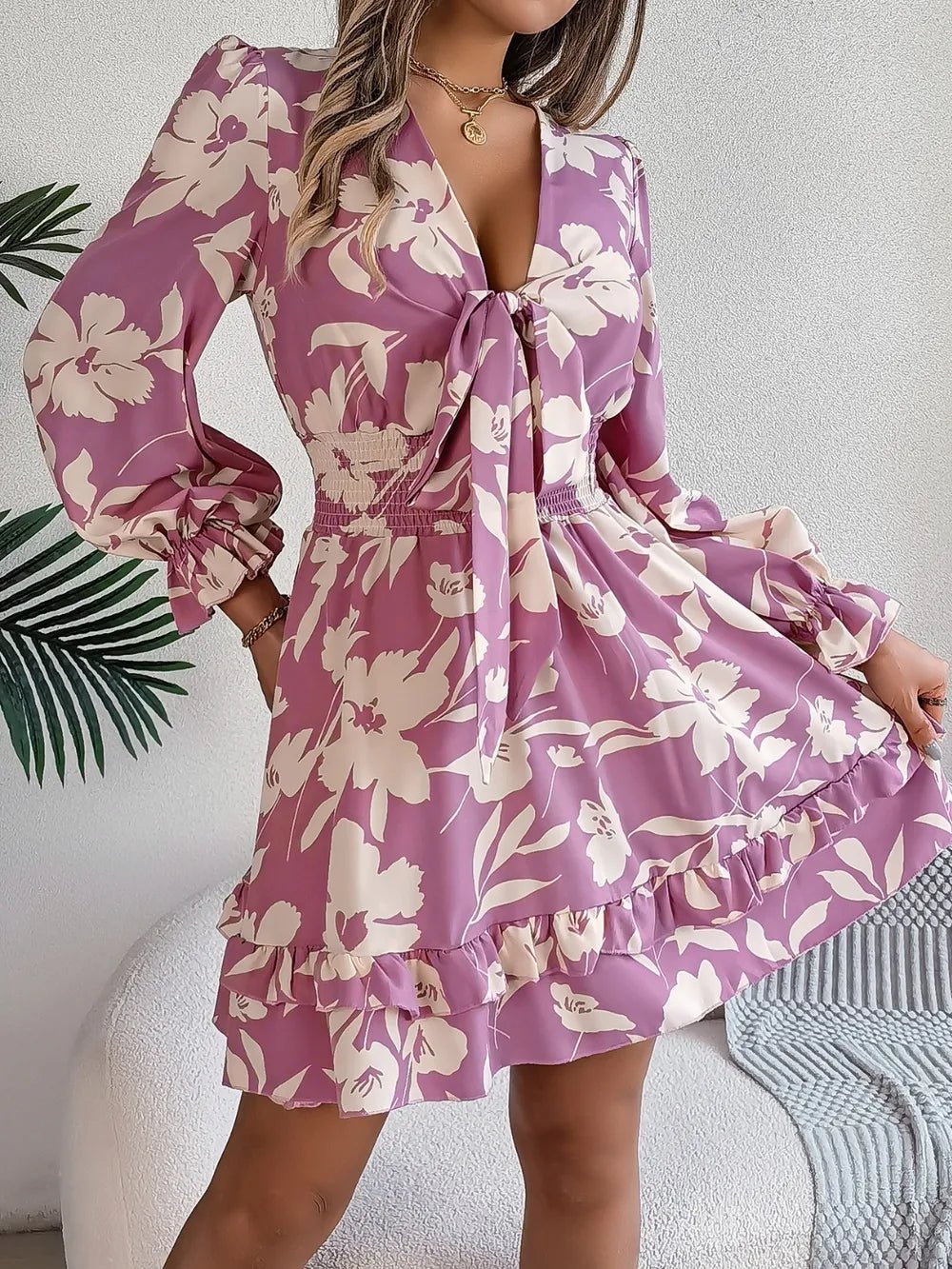 Tied Ruffled Printed Long Sleeve Dress - Lookzlike