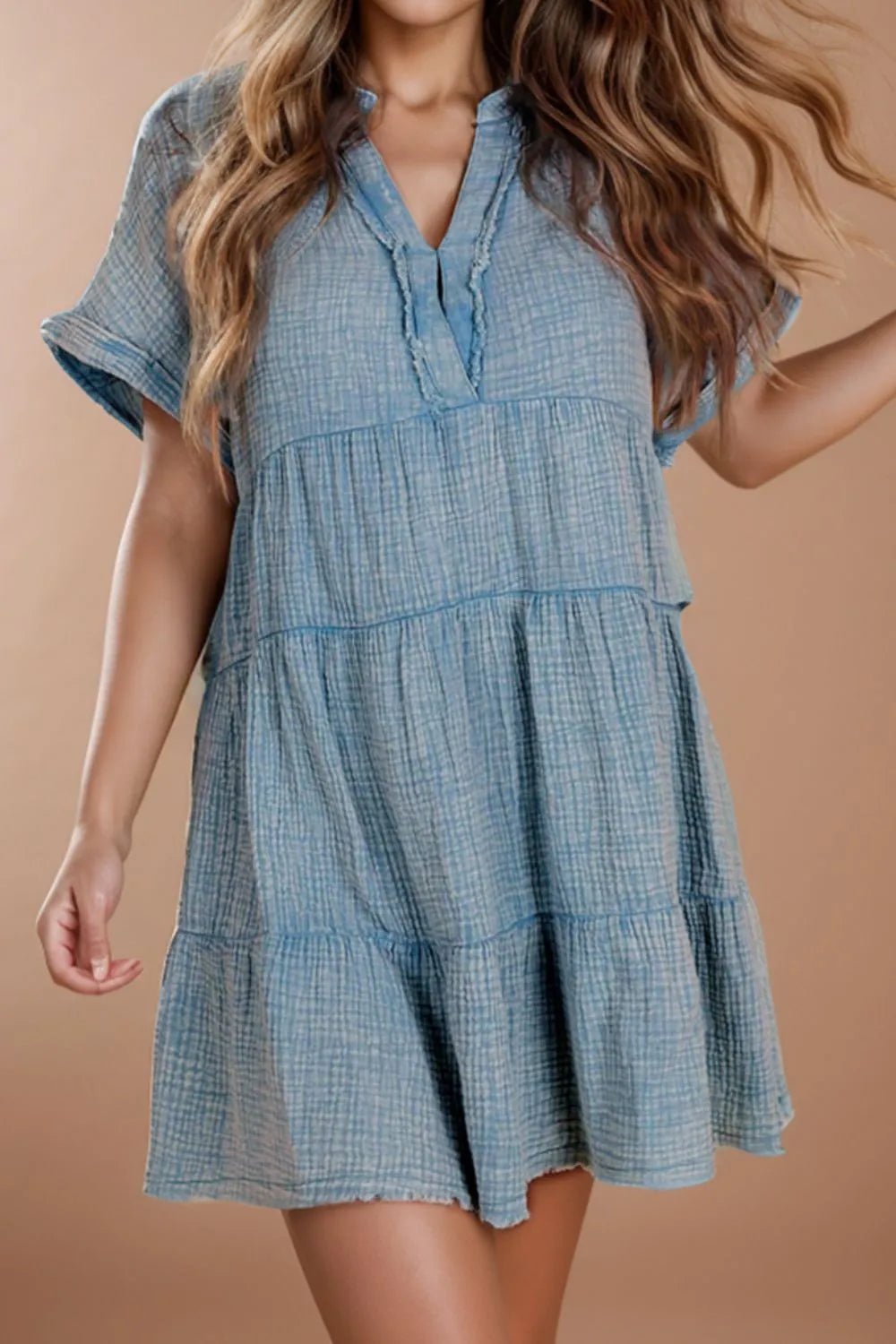 Tiered Notched Short Sleeve Dres designed for comfort and style at Lookzlike