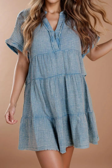 Tiered Notched Short Sleeve Dres designed for comfort and style at Lookzlike