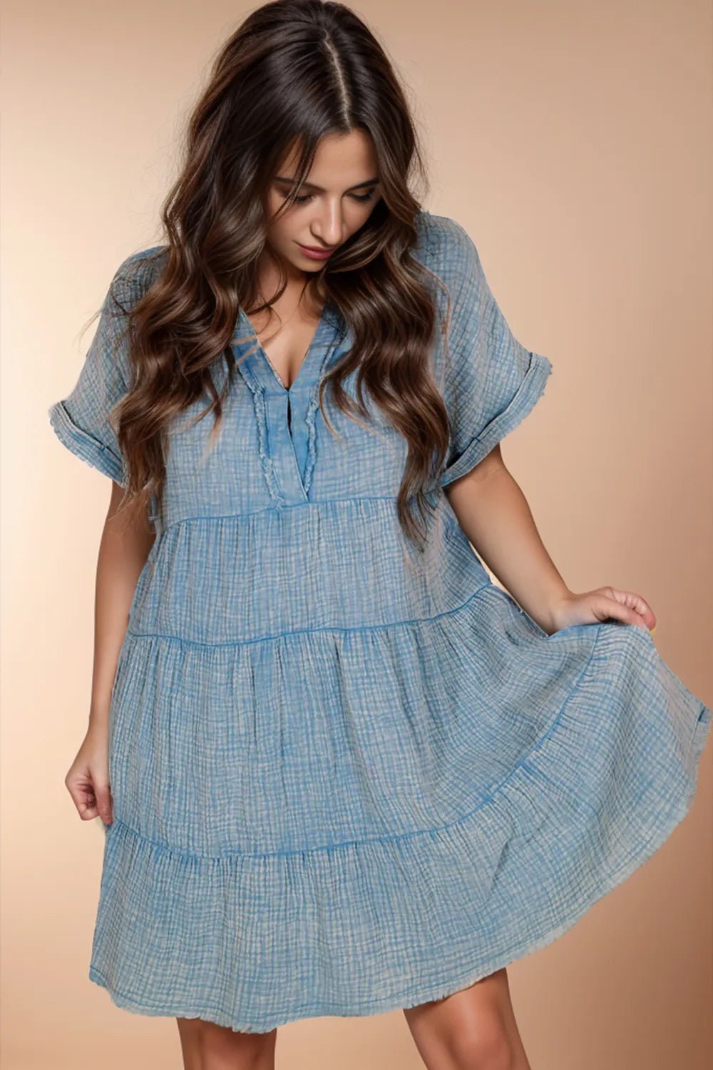 Tiered Notched Short Sleeve Dres designed for comfort and style at Lookzlike