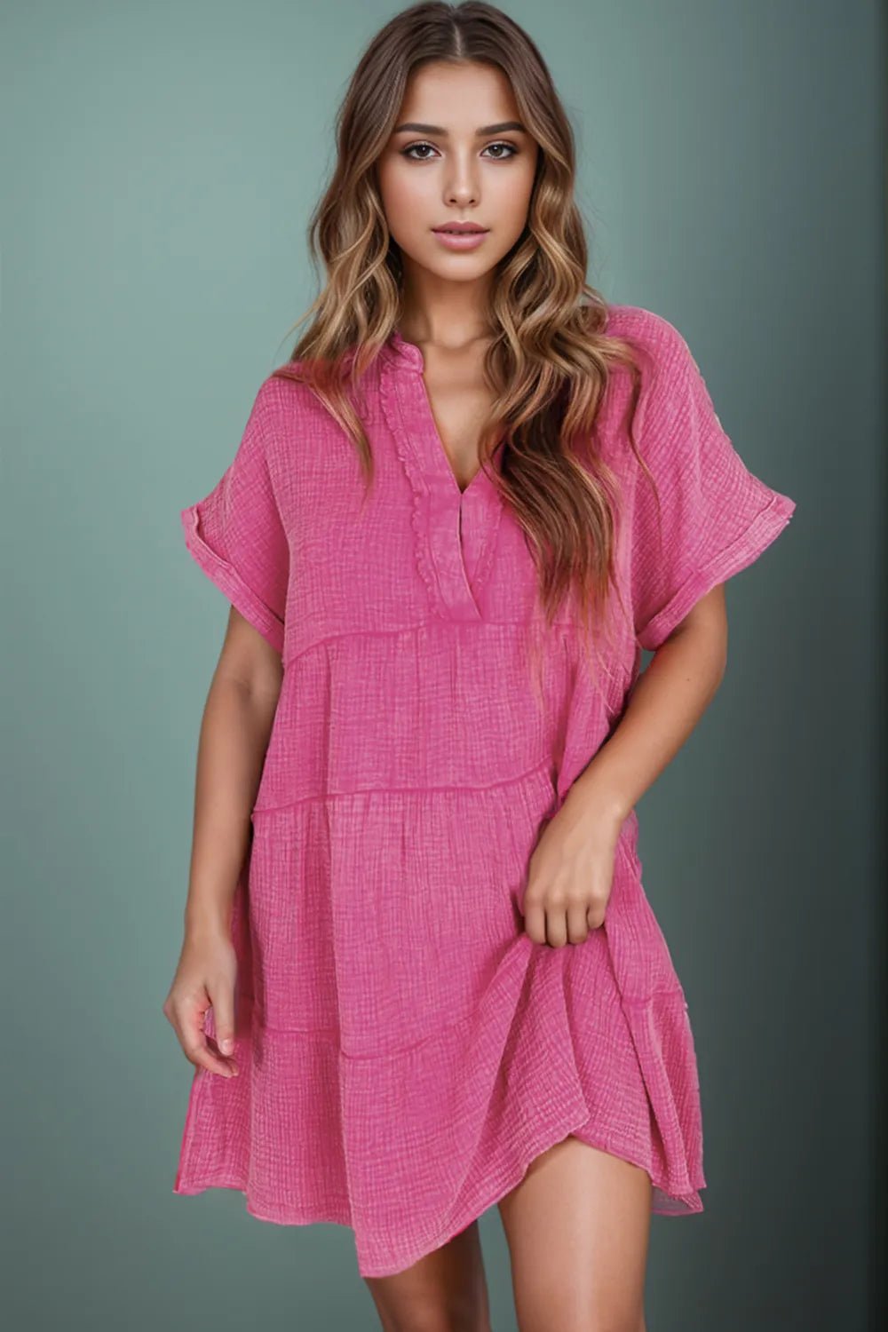 Tiered Notched Short Sleeve Dres designed for comfort and style at Lookzlike