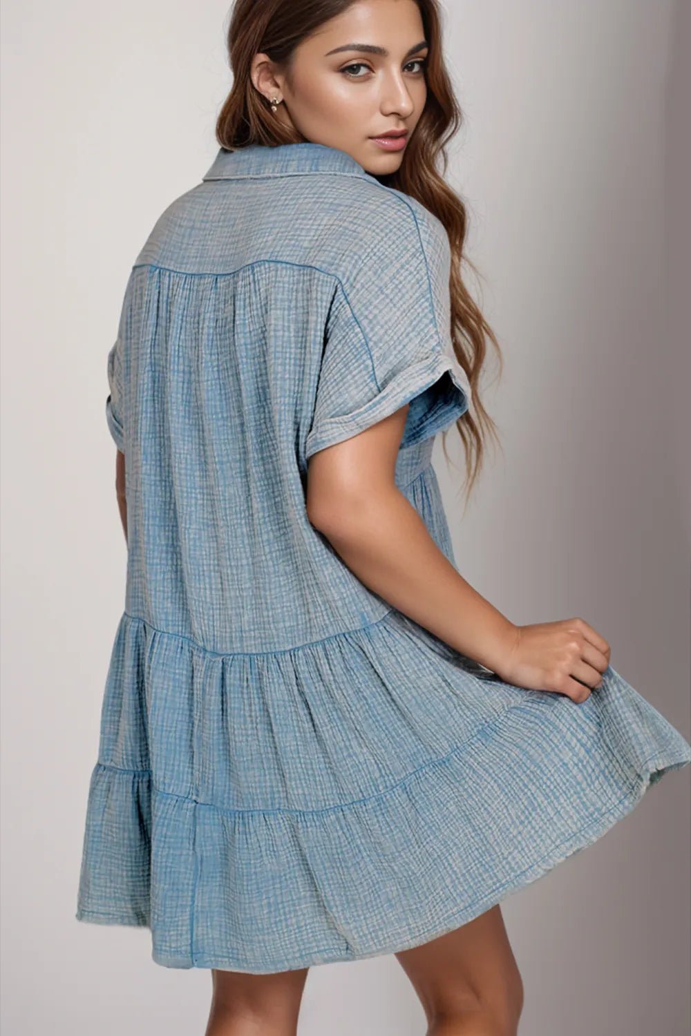 Tiered Notched Short Sleeve Dres designed for comfort and style at Lookzlike