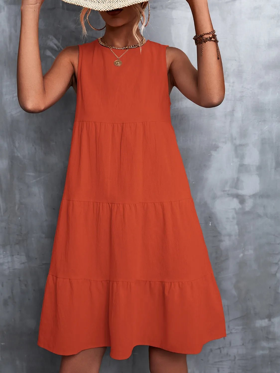 Tiered Round Neck Sleeveless Mini Tank Dress - Lookzlike
