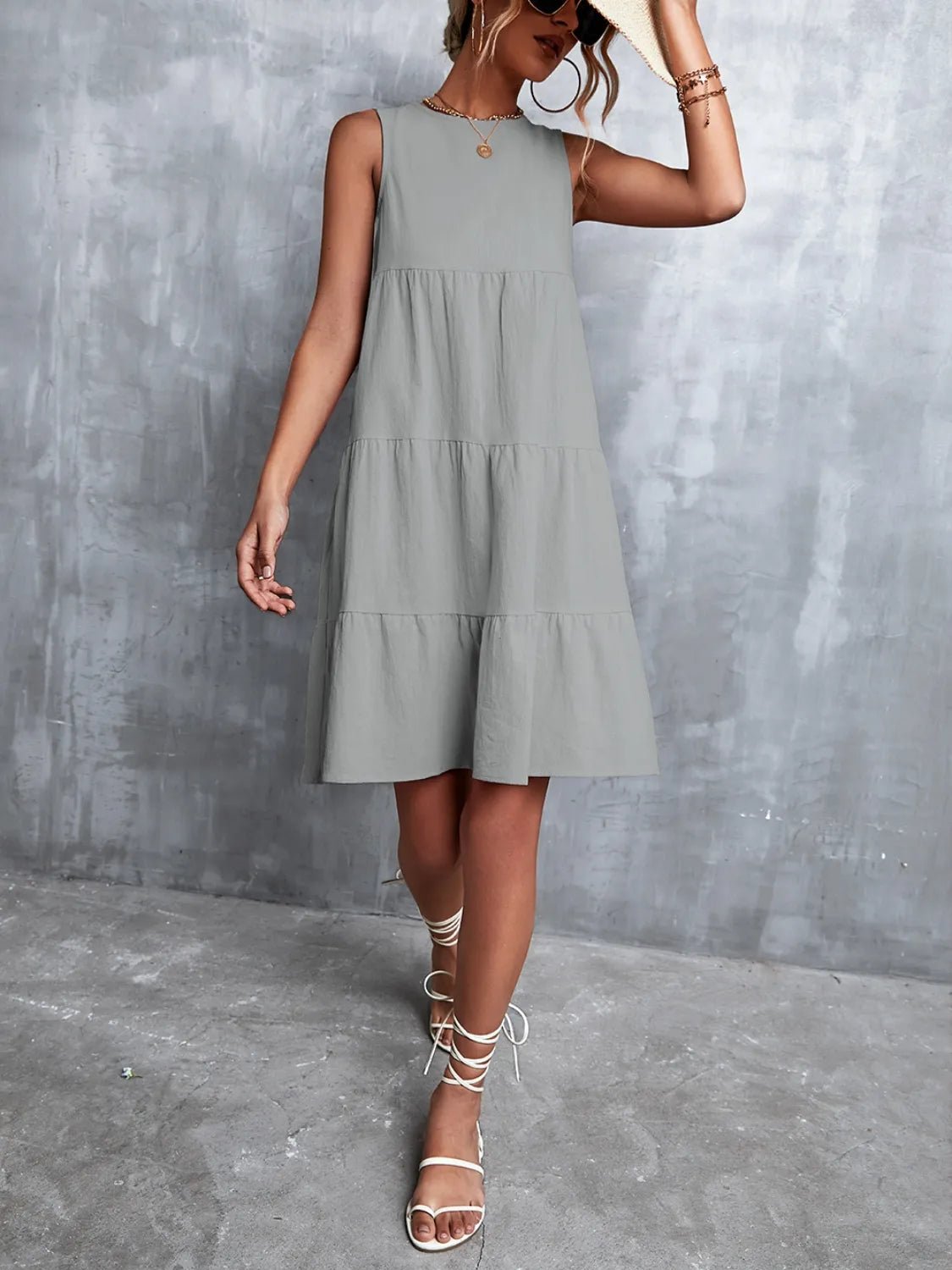 Tiered Round Neck Sleeveless Mini Tank Dress - Lookzlike