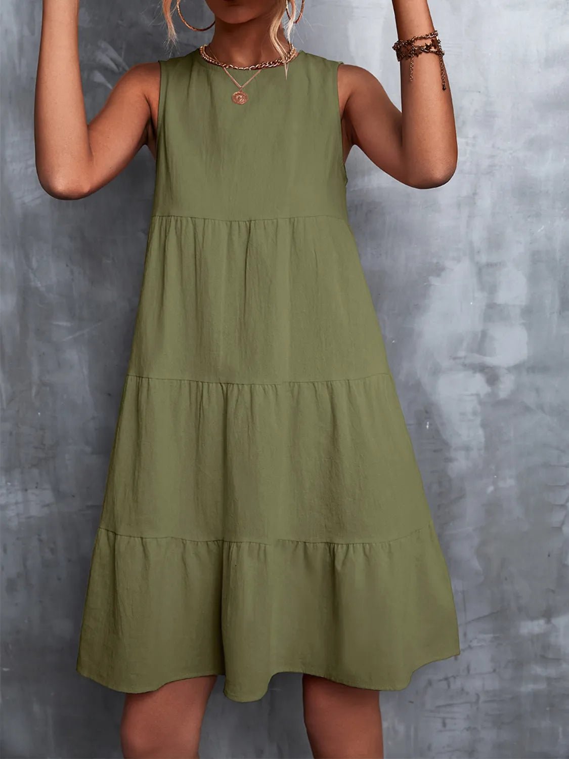 Tiered Round Neck Sleeveless Mini Tank Dress - Lookzlike