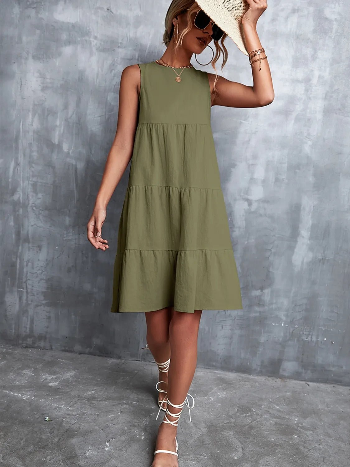 Tiered Round Neck Sleeveless Mini Tank Dress - Lookzlike