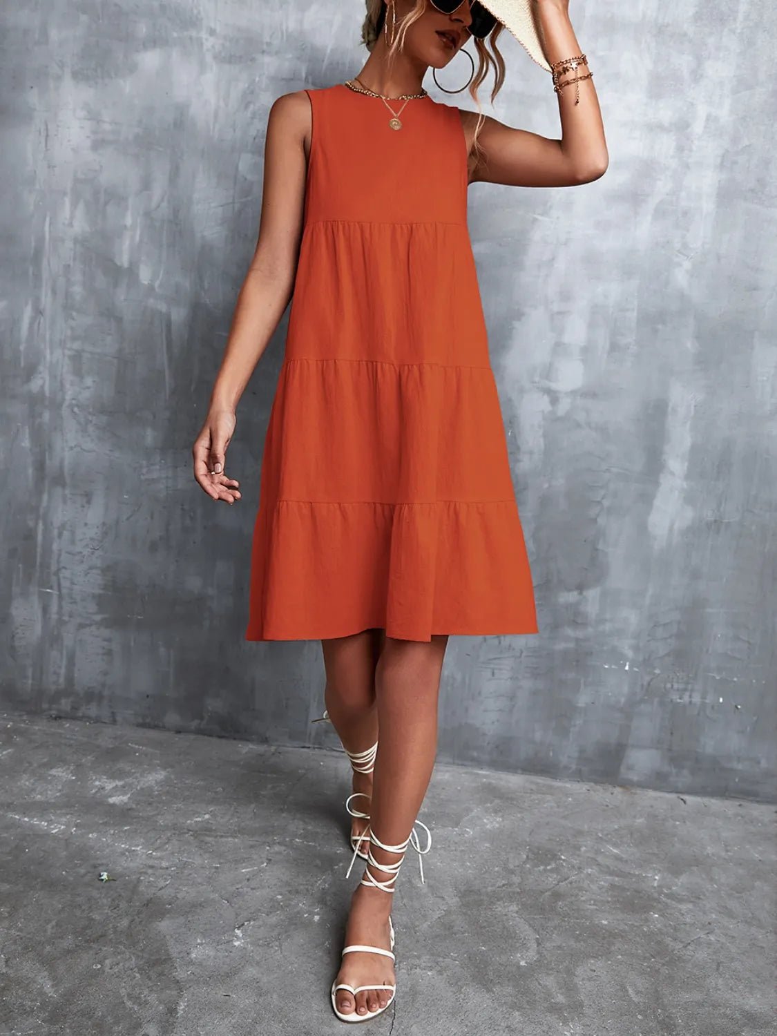 Tiered Round Neck Sleeveless Mini Tank Dress - Lookzlike